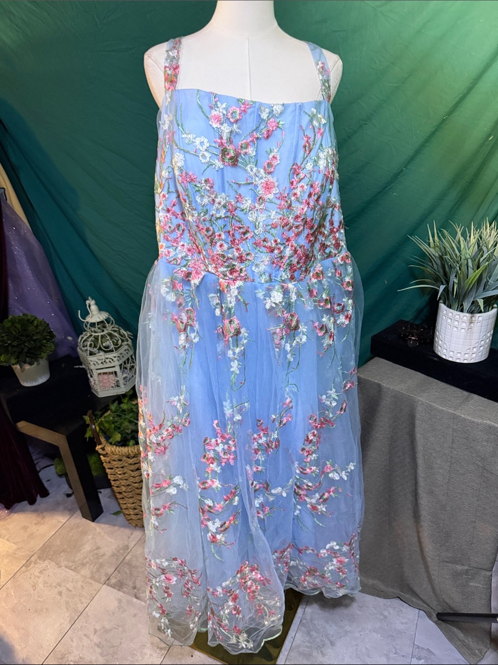 Blue Floral Embroidered Tulle Wedding Dress